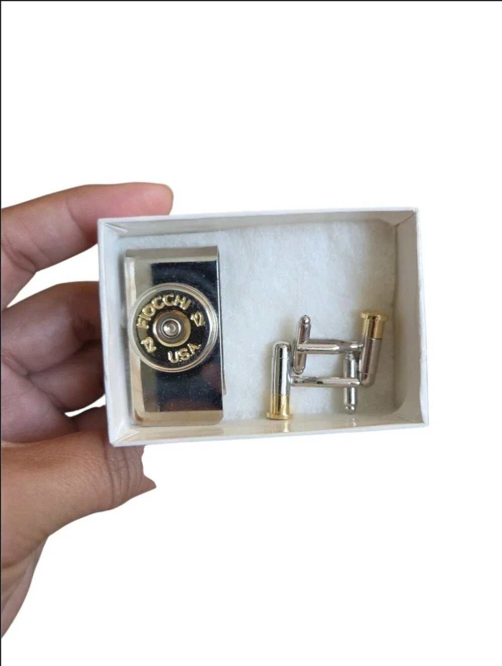 Silver & Gold 12 Gauge Fiocchi USA Casing Money Clip and Cufflink Set
